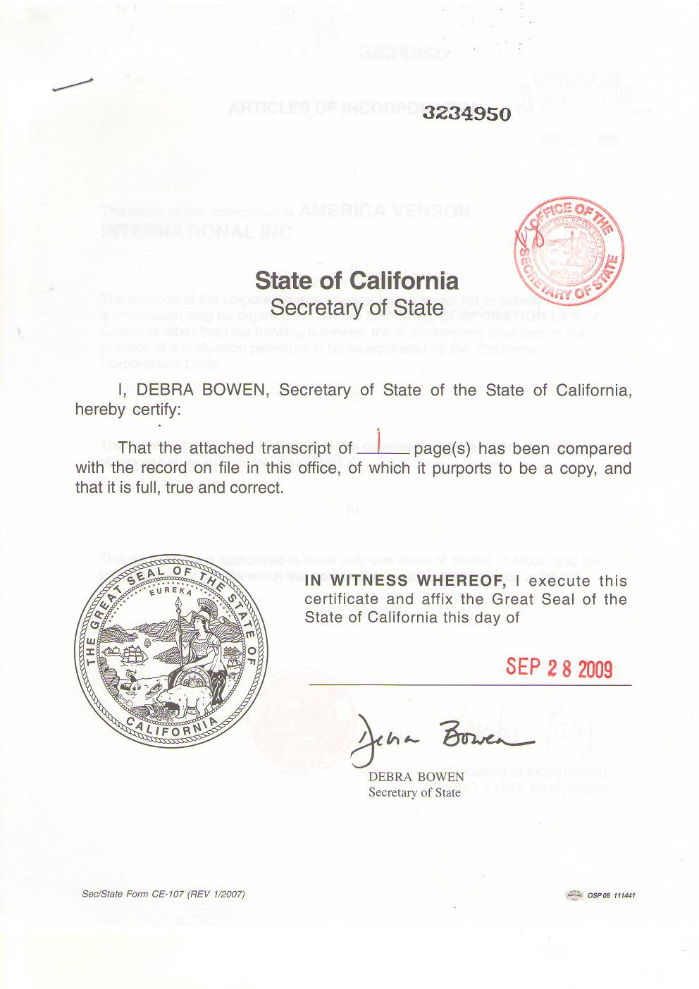 美国公司注册证书样本